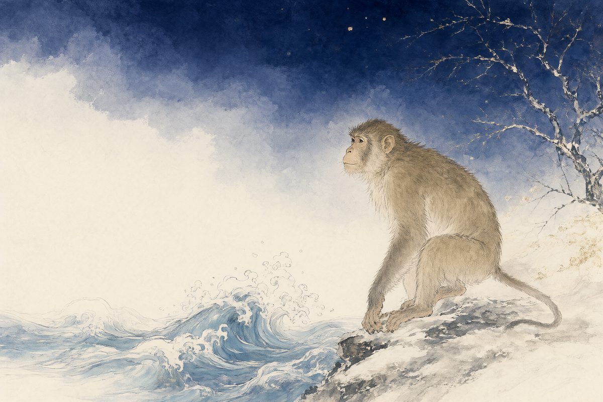 Illustration : un singe perché dans un grand arbre au milieu de vagues bleu indigo et de reflets de lune.
