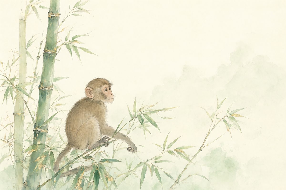 Illustration : un singe perché dans un grand arbre entouré de jeunes bambous.