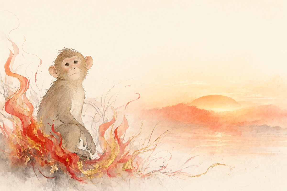 Illustration : un singe perché dans un grand arbre dans des flammes stylisées rouges et orangées.