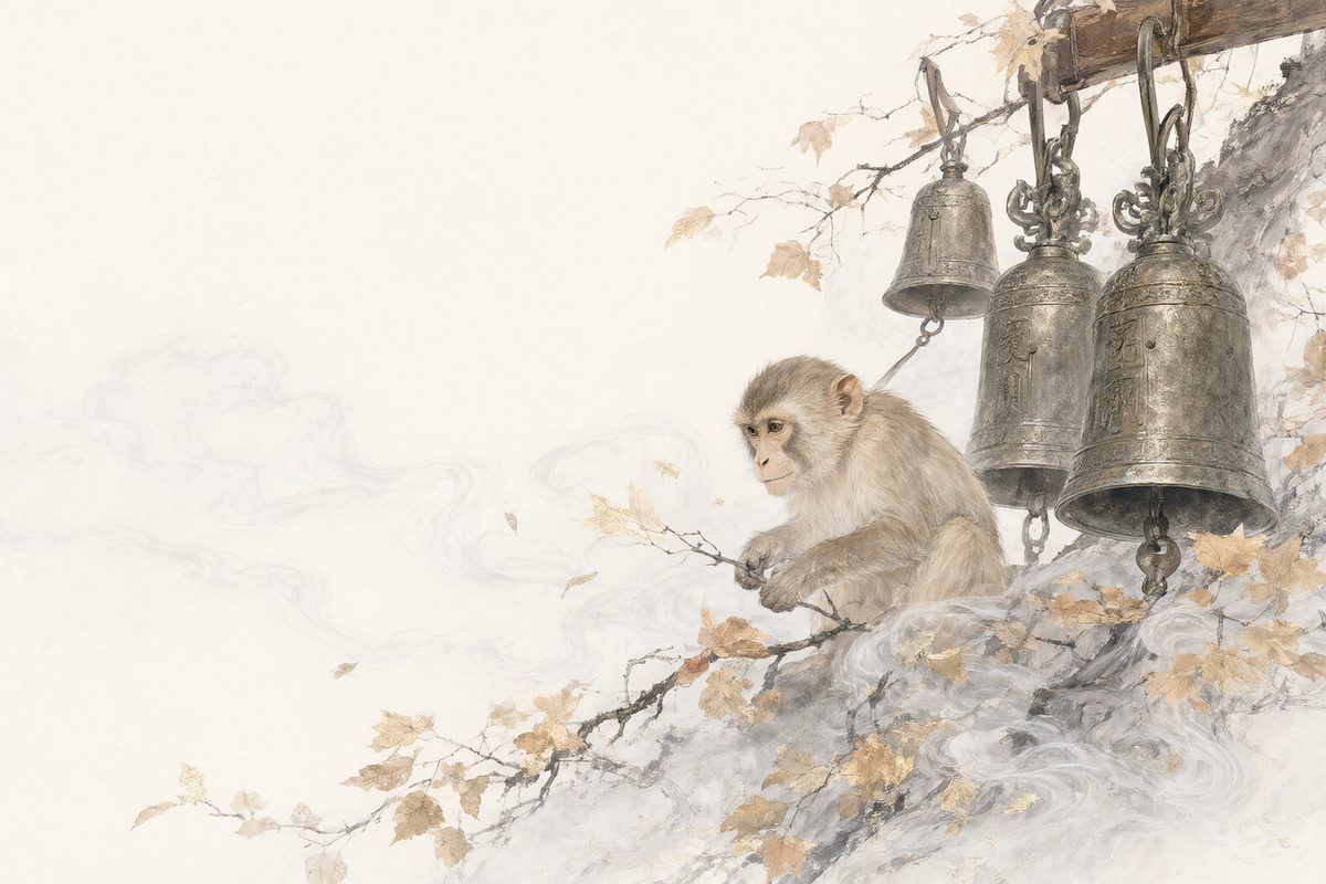 Illustration : un singe perché dans un grand arbre dans des reflets argentés et des lignes nettes.