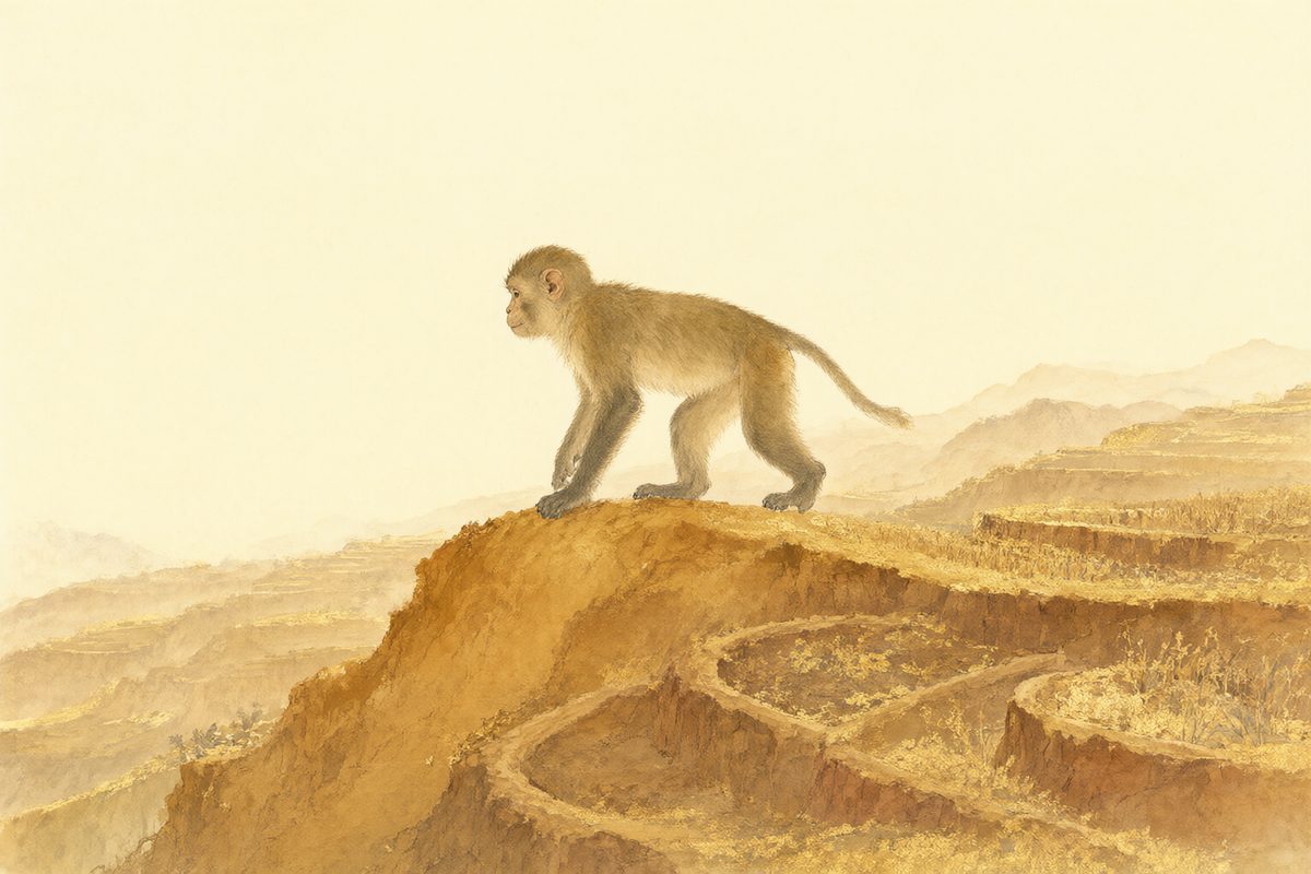 Illustration : un singe perché dans un grand arbre sur des collines ocre et des pierres chaudes.