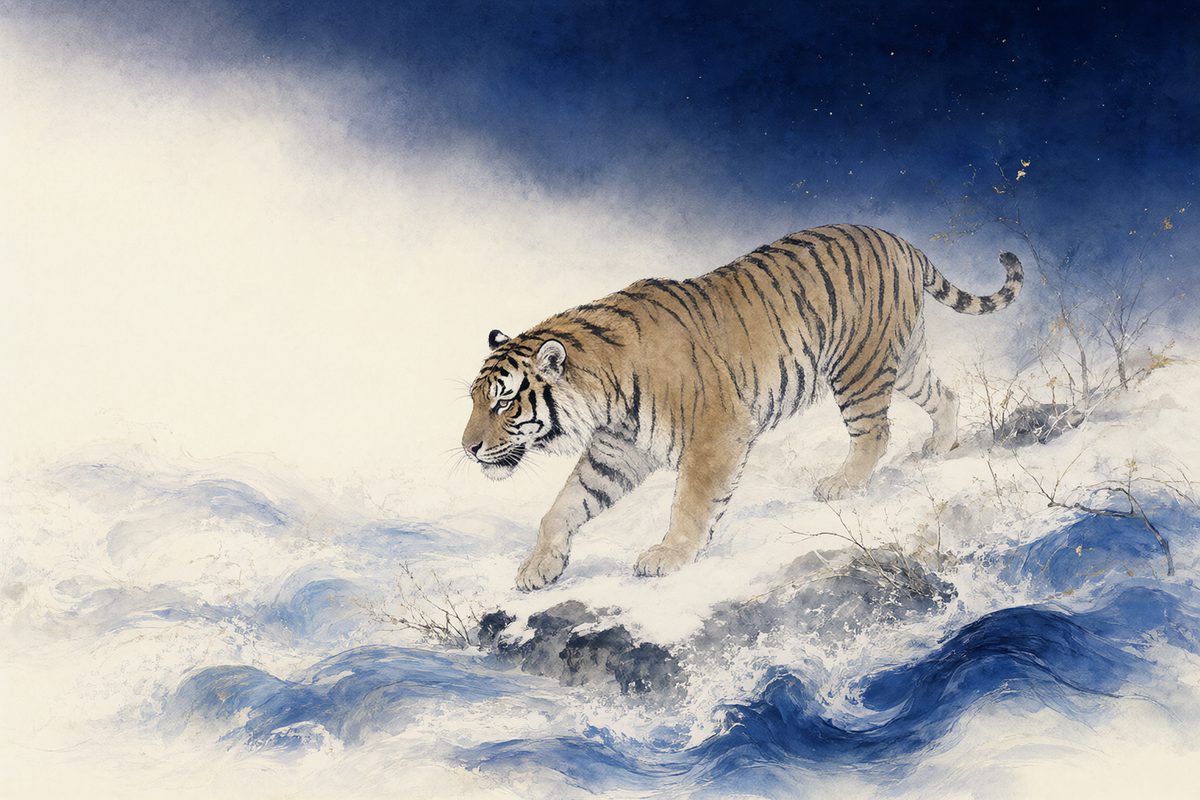 Illustration : un tigre dans une forêt de bambous au milieu de vagues bleu indigo et de reflets de lune.