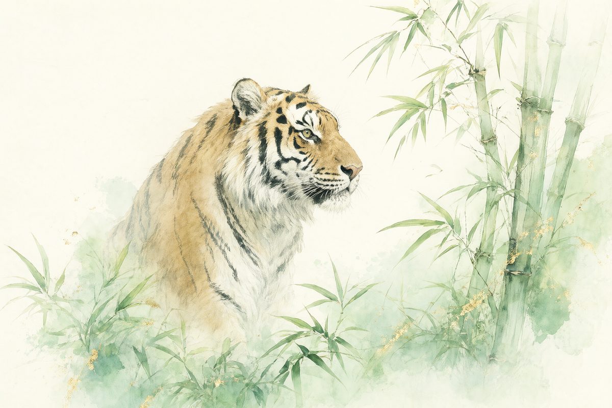 Illustration : un tigre dans une forêt de bambous entouré de jeunes bambous.