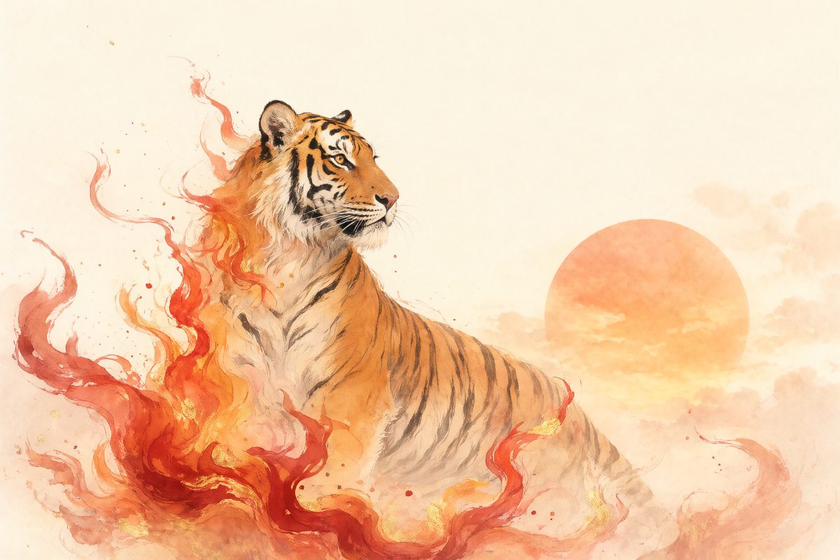 Illustration : un tigre dans une forêt de bambous dans des flammes stylisées rouges et orangées.
