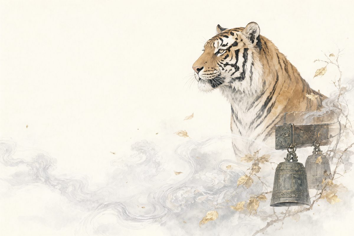 Illustration : un tigre dans une forêt de bambous dans des reflets argentés et des lignes nettes.