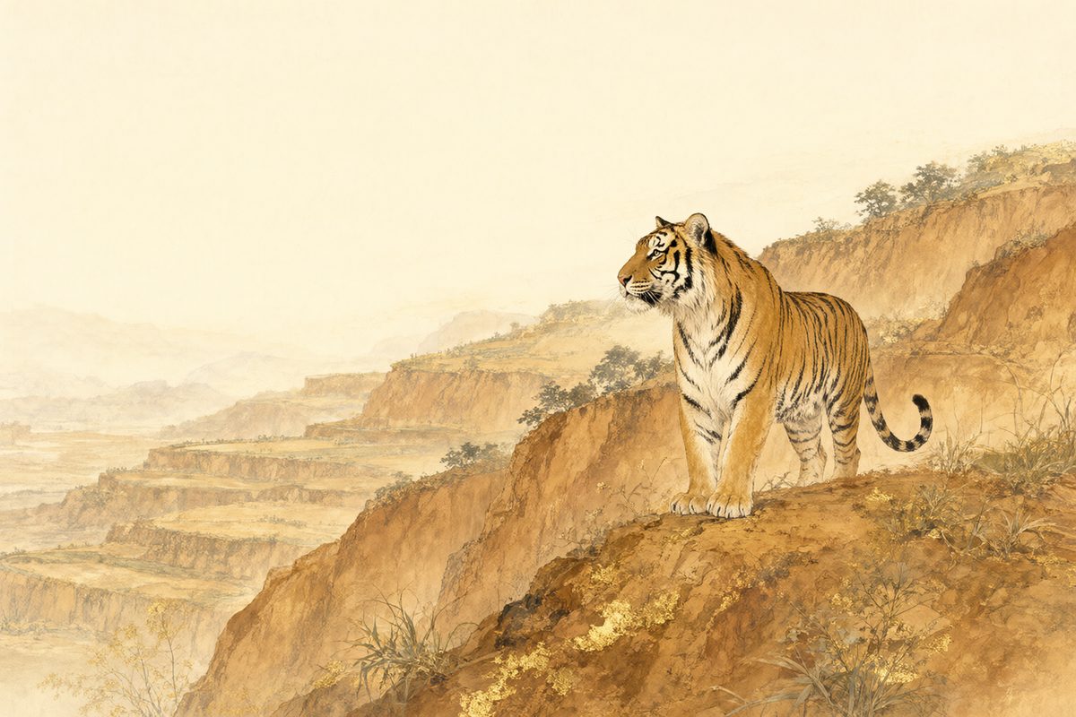 Illustration : un tigre dans une forêt de bambous sur des collines ocre et des pierres chaudes.